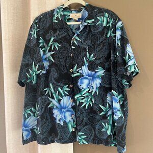 Men's Tropical Silk Vacation Blue & Green Print Hawaiian Shirt,  Size XL